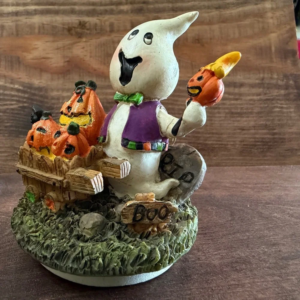 Halloween Ghost Figurine with Pumpkins and Bat Resin Decor Adorable Multi Color